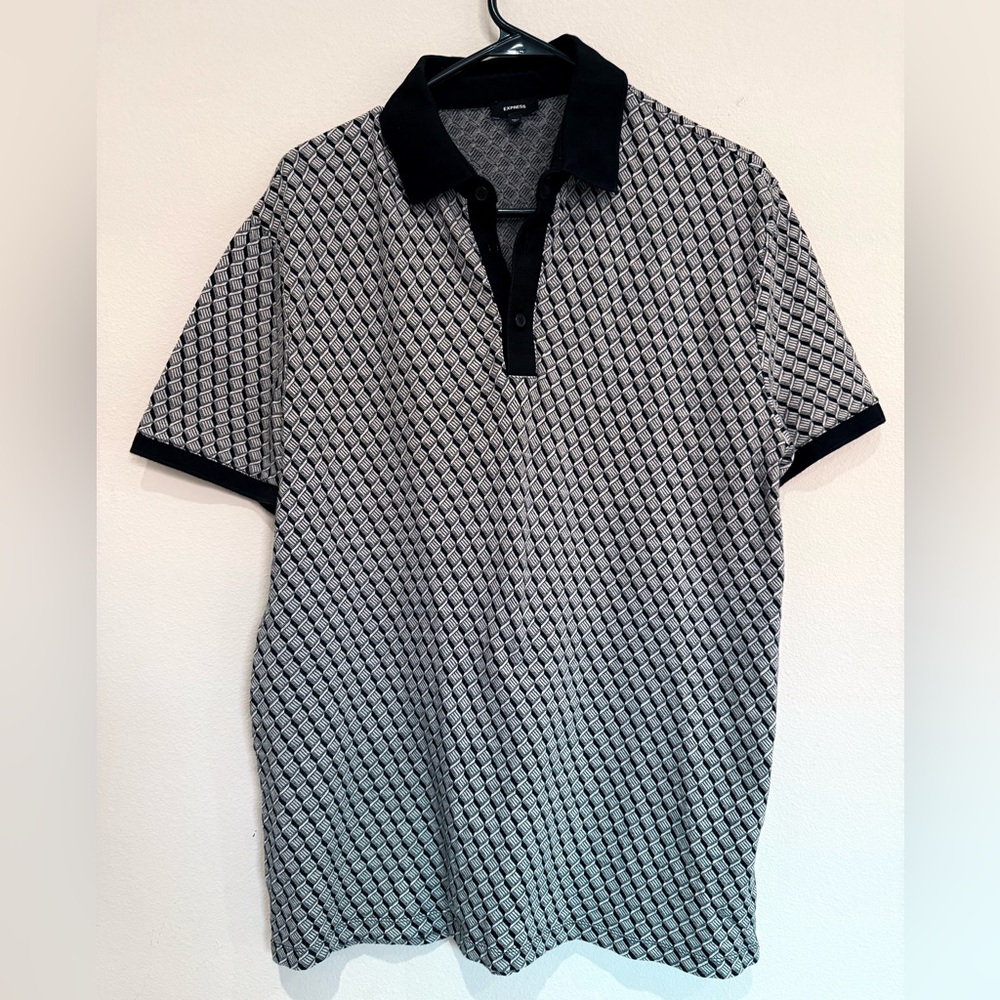 Express Men's Black, Grey and White Patterned Polo Shirt Size Medium